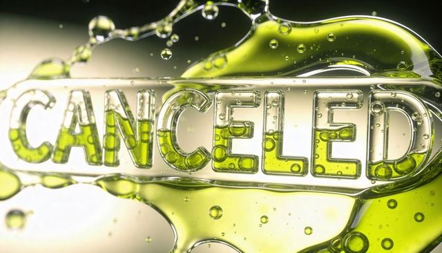 Glossy translucent canceled badge suspended in green gel with bubble-filled embossed seal
