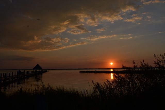 Scenic Sunset Over Tranquil Lake with Pier and Swaying Reeds - Download Free Stock Photos Pikwizard.com