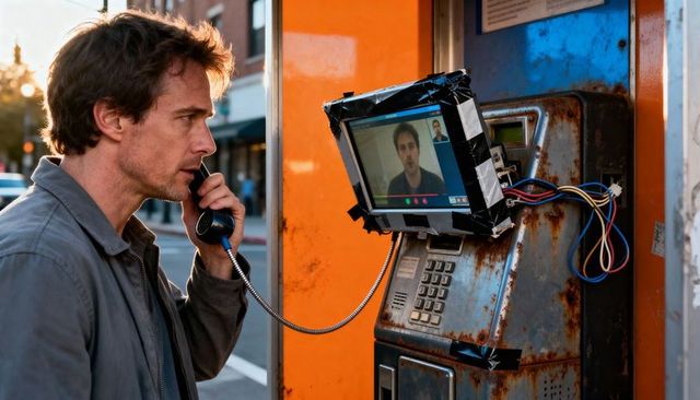 Urban man making video call using taped tablet on rusted street payphone