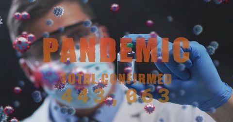 Scientist wearing ppe holding vaccine vial during pandemic with floating virus particles