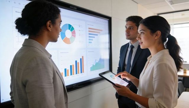 Business Team Collaborating on Interactive Data Dashboards and Analytics Presentation