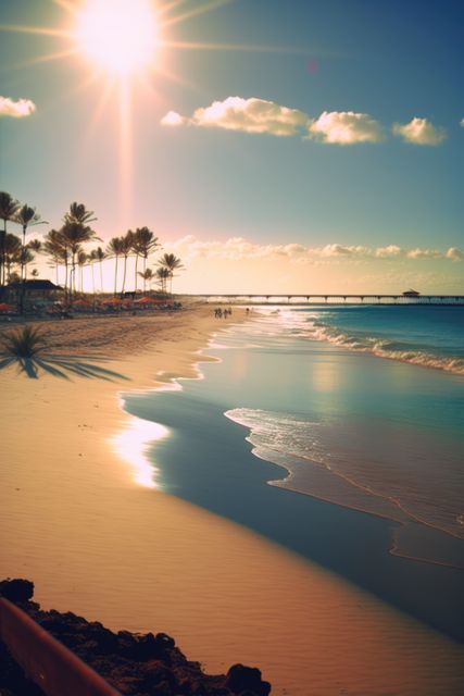 Sun setting over a tropical beach with palm trees casting shadows, a long pier in the distance. Waves gently crashing on sand. Perfect for travel, tourism, relaxation themes, promoting vacation spots, or coastal living.