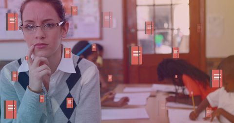 Reflective Female Teacher in Classroom with Digital Icons