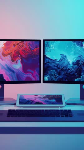 Powering Dual Monitors Displaying Vivid Color Swirls with Ambient RGB Desk Lighting