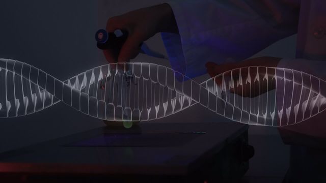 Lab scene with scientist working digitally interactive DNA animation. This is great for illustrating concepts in genetic research, biomedical studies, or modern laboratory practices. Use in educational content related to genetics or promotional materials for scientific laboratory equipment.