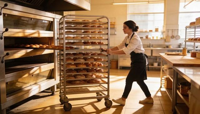Female Baker Pushing Rack of Artisan Bread in Sunlit Commercial Bakery Ovens