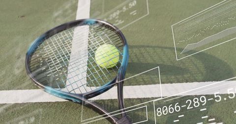 Tennis Racket and Ball on Hard Court with Data Overlay Illustration