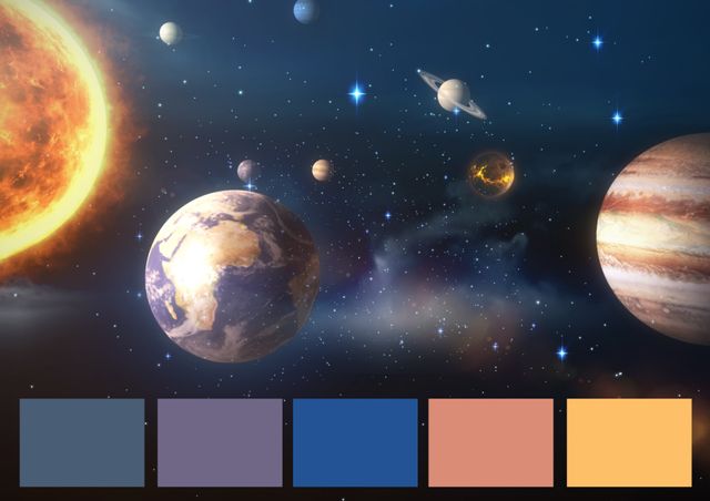 Image displays an impressive galaxy with several vibrant planets, resembling scenes from deep space. It includes major celestial bodies like the sun and Jupiter amongst others, floating amidst sparkling stars. This image is perfect for educational materials, astronomy presentations, space-themed digital wallpapers, or as a background in sci-fi content.