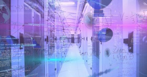 High-Tech Data Center Aisle with Code Overlays Illustrating Cybersecurity