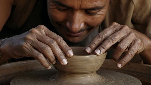 Indian potter shaping wet clay bowl on spinning wheel, close-up of skilled hands