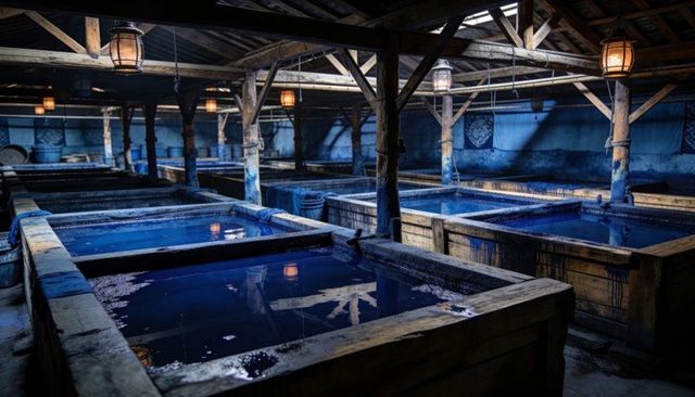 Lantern-lit indigo dye vats in rustic textile workshop showing deep blue pools, woodgrain, warm glow