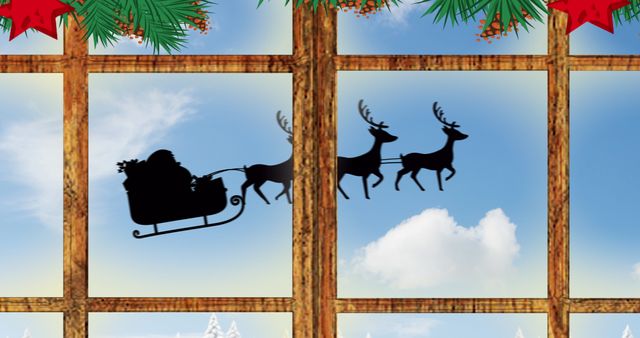 Christmas Scene with Santa Sleigh and Reindeer Viewed Through Window - Download Free Stock Images Pikwizard.com