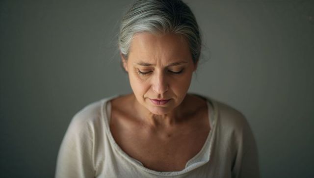 Serene mature woman gazing downward in soft studio light, contemplative neutral background