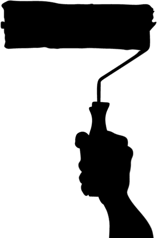 Stylized digital illustration of a hand holding a paint roller in silhouette on a transparent background. Ideal for design projects centered on construction, renovation, or DIY activities. Graphic can be used as an icon in apps, websites, or advertising to represent painting or maintenance tasks.