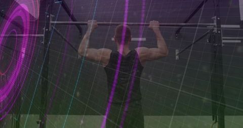 Man Performing Pull-Up on Gym Rig with Neon Grid Overlay for Futuristic Fitness
