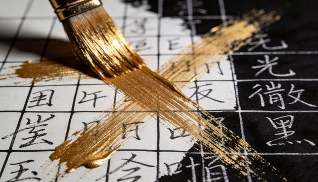 Metallic gold brushstroke crossing chinese calligraphy practice grid closeup texture