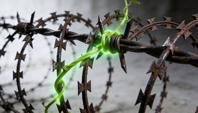 Neon vine twining through rusted barbed wire knot, glowing green tendril in concrete ruin