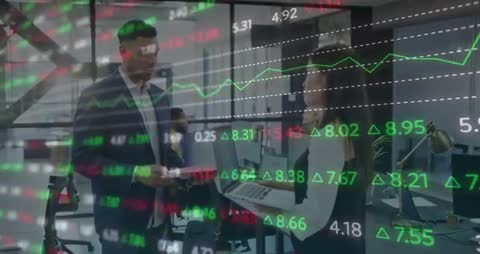 Business Team Discussing Financial Data with Digital Stock Overlay