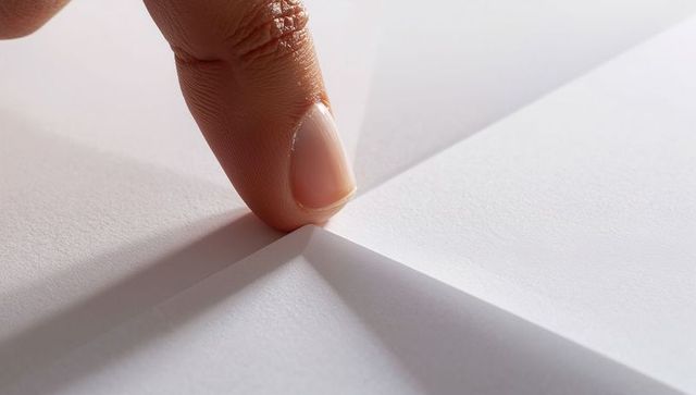 Pressing fingertip into folded paper apex creating minimalist geometric shadow and texture