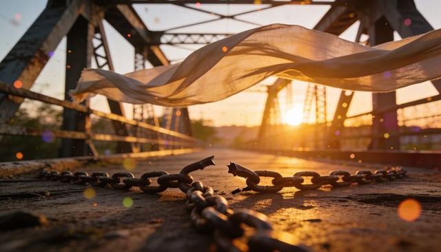 Broken chain on rusted metal truss bridge at golden sunset with flowing scarf