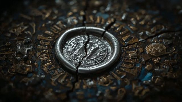 Intricate silver seal with radiating cracks and gold coin detail