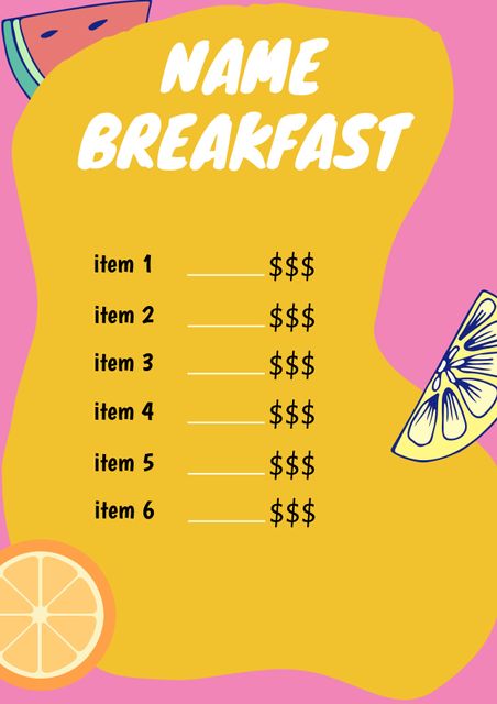 This playful, fruit-themed breakfast menu template adds a touch of vibrancy to your morning offerings. Ideal for cafes, restaurants, and brunch spots looking to bring a modern, tropical feel to their menu. Editable design allows for customization to suit different dishes and prices.