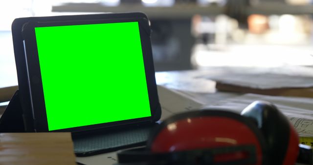 Tablet with Green Screen on Industrial Workbench - Download Free Stock Images Pikwizard.com