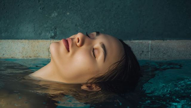 Serene woman floating face-up in pool water with closed eyes and wet hair for wellness