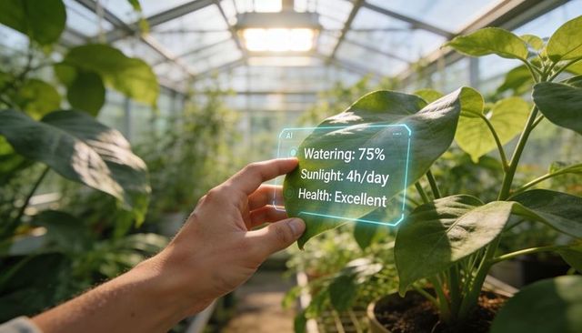 Gardener monitoring plant health with ar overlay in sunlit greenhouse