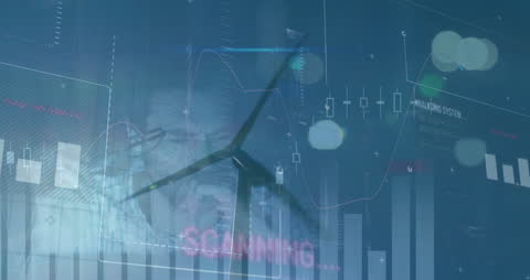 Tired Businessman with Wind Turbines and Financial Graphs Analysis