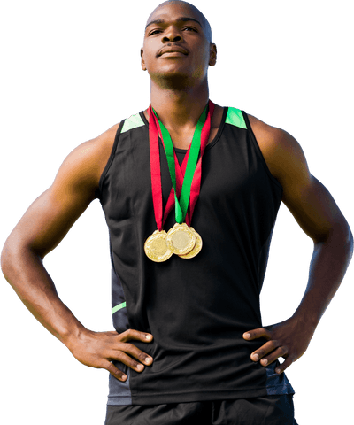 Victorious Athlete Proudly Displaying Winning Medals on Transparent Background