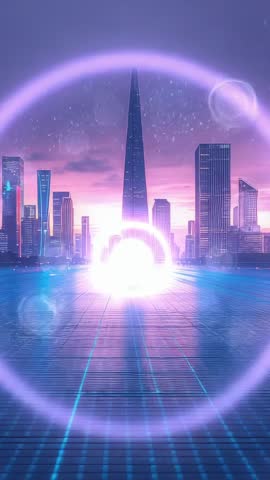 Futuristic Vertical Video Pulsing Energy Core Forming Neon Portal Over Cyber City Grid