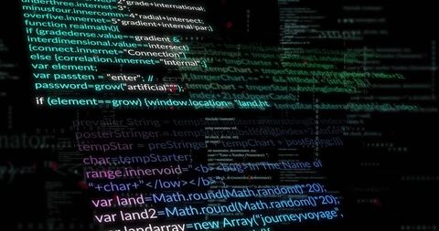 Neon code streams flowing across dark screen, abstract programming matrix depth and bokeh