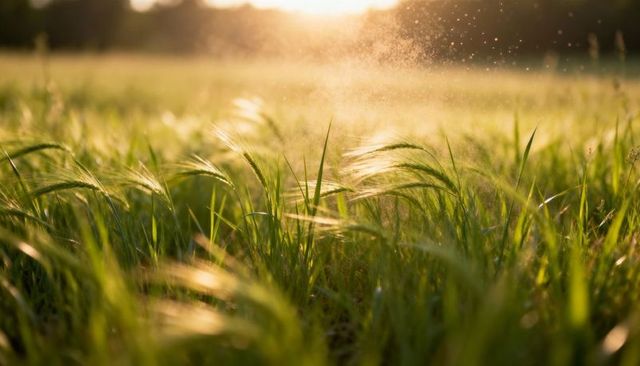 Golden backlit meadow with swaying grass and floating pollen at sunset, rimlight bokeh