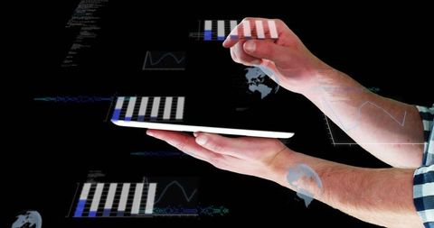 Holding tablet and manipulating holographic data charts with global digital interface
