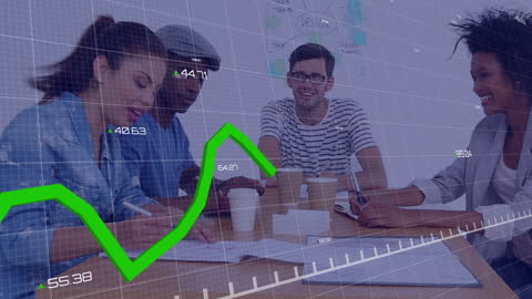 Successful Team Analyzing Data Trends with Graph Overlay