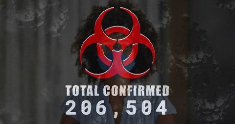 Woman behind curtain with red biohazard symbol and confirmed case count 206,504