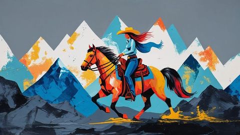 Galloping cowgirl through vibrant mountain landscape