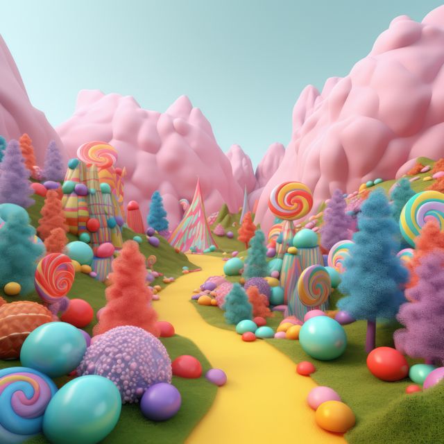 This image depicts a surreal candy wonderland featuring a vibrant landscape filled with various candy shapes, colorful trees, and a winding yellow path. Ideal for use in visuals related to fantasy, children's stories, game design concept art, or themed marketing campaigns that require a magical and whimsical appeal.
