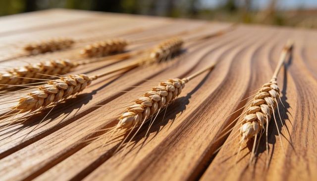 Sunlit golden wheat ears lying on grooved rustic wooden tabletop casting soft shadows