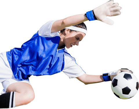 Female Soccer Goalkeeper Catching Ball on Transparent Background