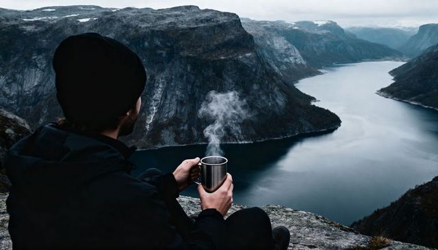 Hiker enjoying hot drink on cliff overlooking dramatic fjord in overcast morning