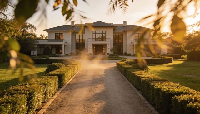 Golden hour mansion driveway framing neoclassical estate with symmetrical boxwood hedges