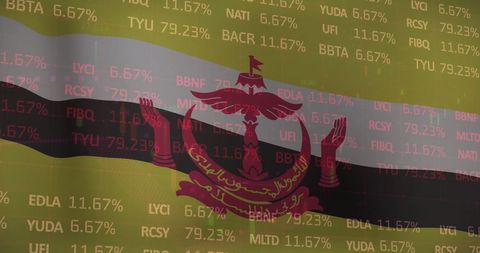 Brunei national flag overlays financial market data