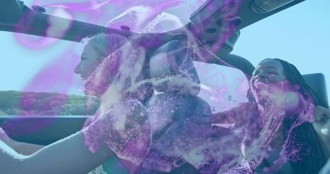 Friends Enjoying Scenic Ride with Futuristic Holographic Display