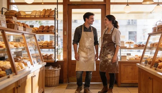 Smiling bakers wearing flour-dusted aprons kneading dough among rustic bread displays