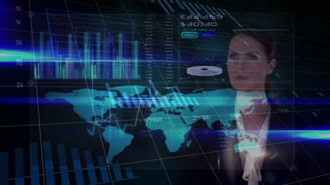 Businesswoman Analyzing Financial Data on Futuristic Interface