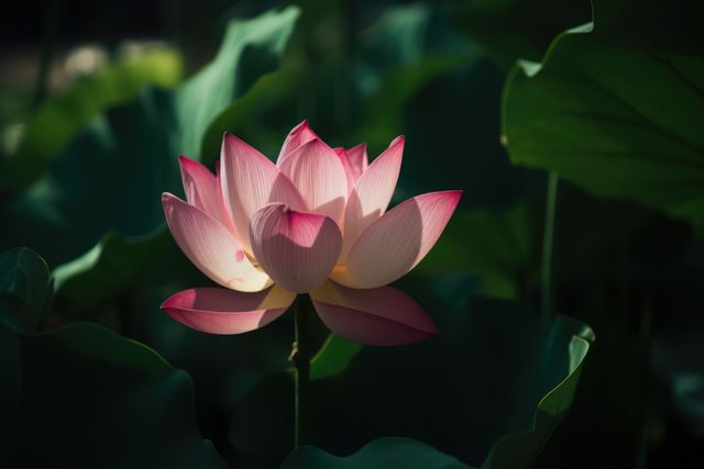 This image depicts a close-up of a vibrant pink lotus flower with a soft glowing effect, standing out against dark green foliage. The delicate petals are beautifully illuminated, creating a serene and tranquil atmosphere. Suitable for use in gardening blogs, nature websites, wellness and meditation content, floral designs, and artistic projects emphasizing tranquility and natural beauty.