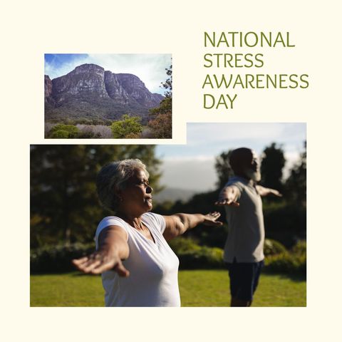 Senior couple practicing yoga outdoors on stress awareness day