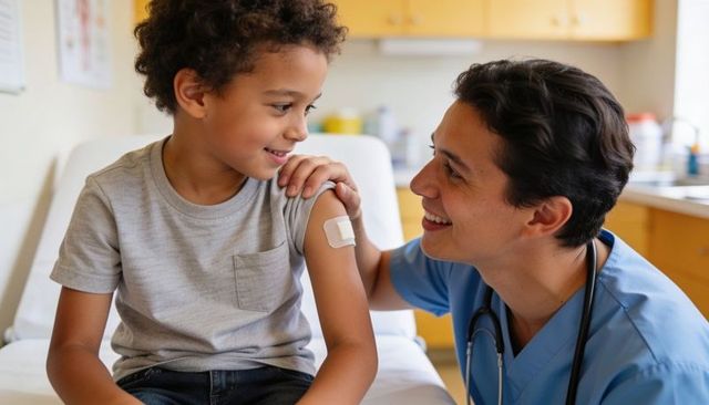 Pediatric nurse comforting smiling child after vaccination in bright clinic room